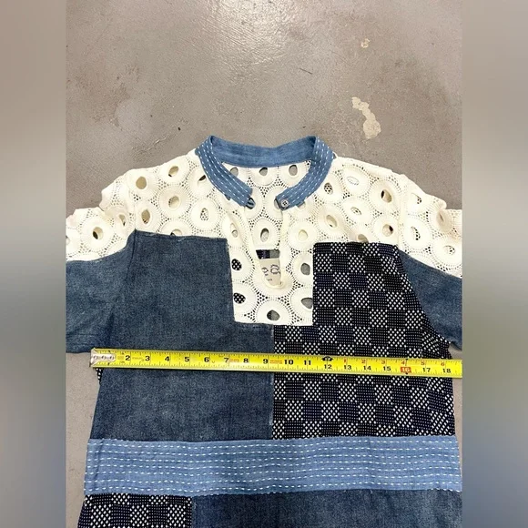 Sea New York Patchwork Cotton Denim And Lace Oversized Mock Neck Mini Dress sz 4 - Picture 10 of 11